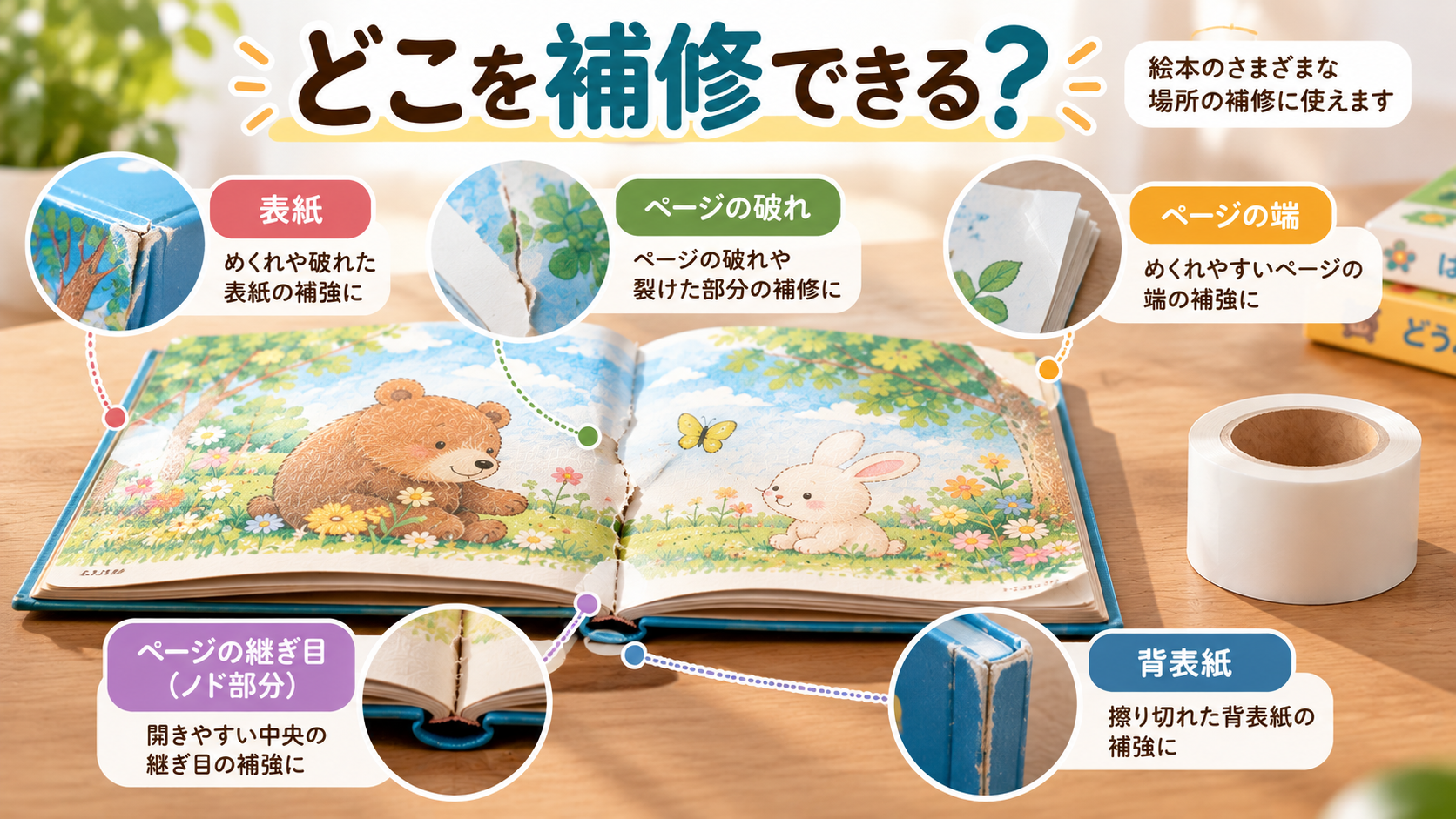 絵本補修テープで補修できるページ、表紙、背表紙などの場所