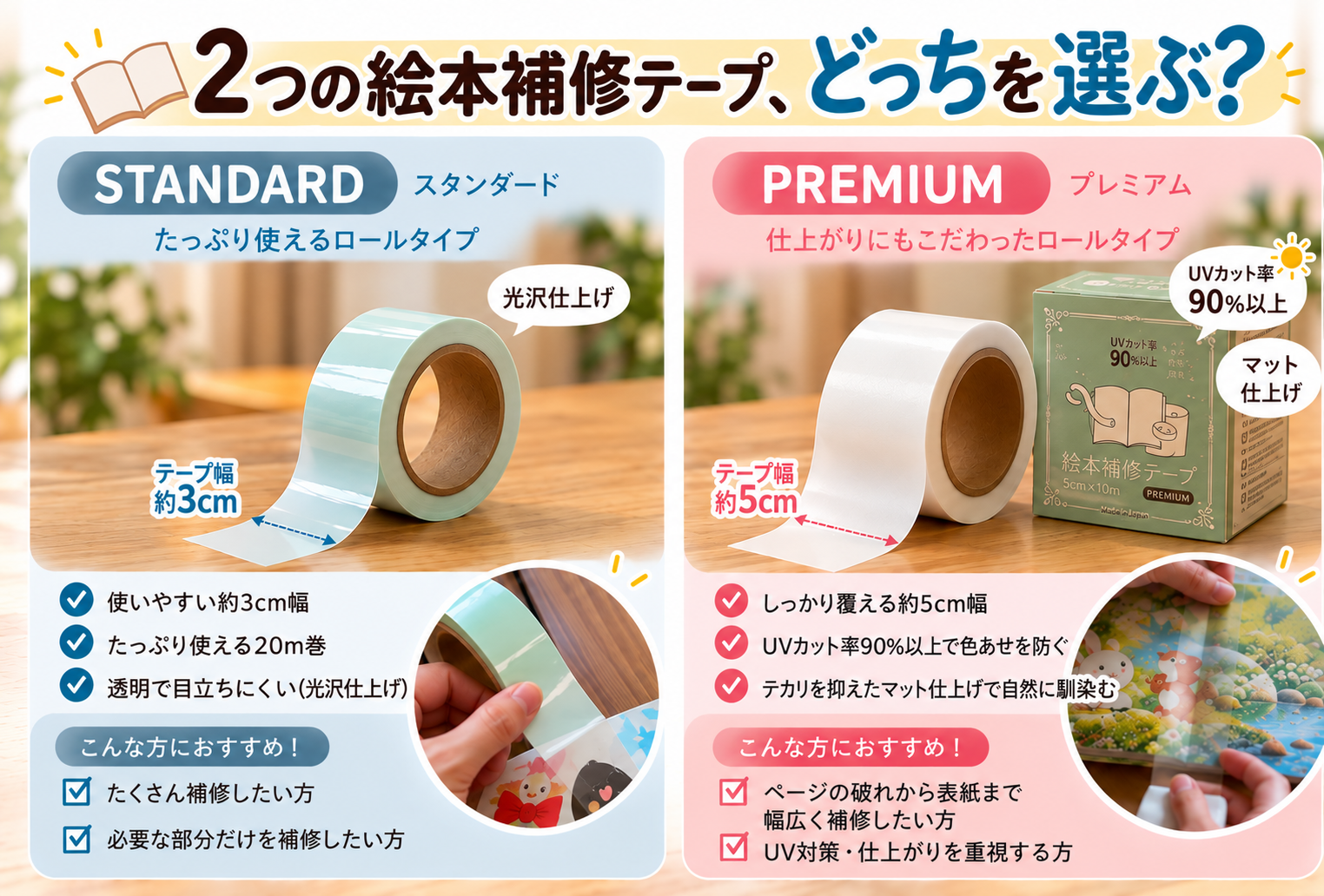 ハルアイデア絵本補修テープSTANDARDとPREMIUMの比較