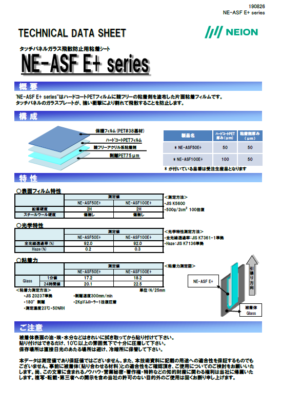 液晶画面ガラス飛散防止フィルム(PET) NE-ASF100E+